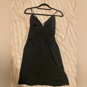 satin fit and flare black dress